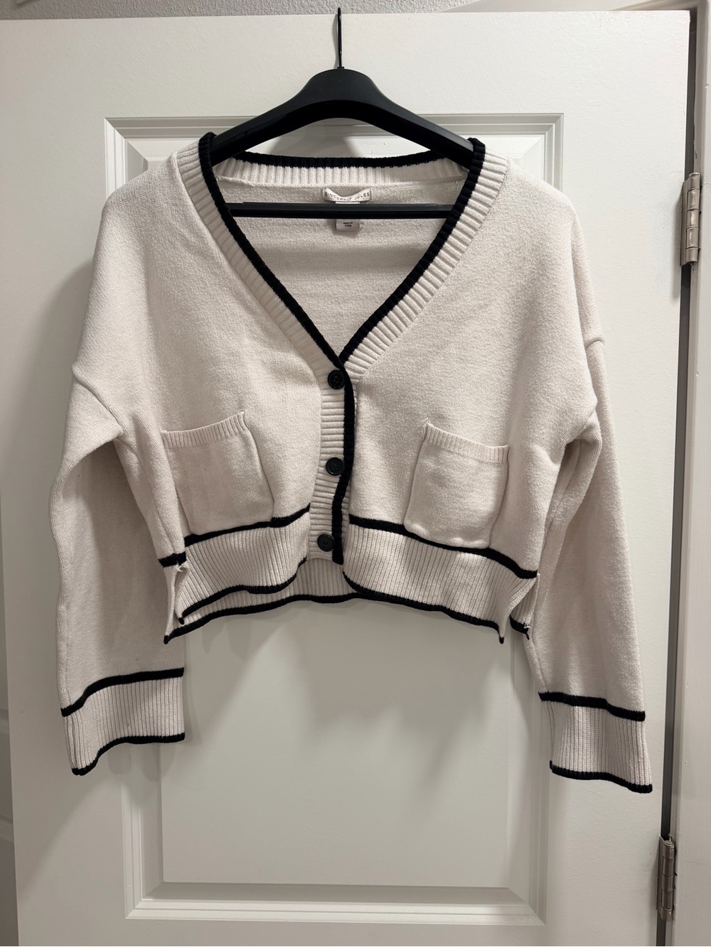 Sincerly Jules Cream Cropped Cardigan with Black Trim